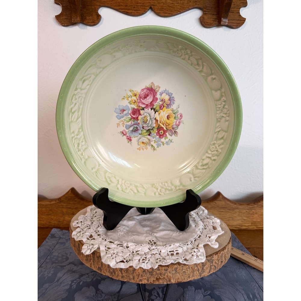 Vintage Homer Laughlin Floral Bowl Green Embossed Fruit Rim 1935 USA 9.25"